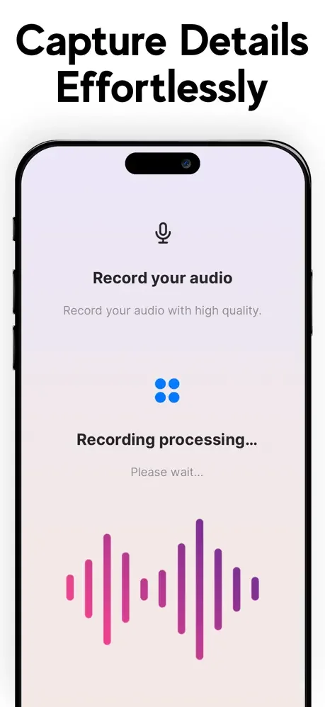 Voice recording interface with waveform display capturing audio for automatic note processing and summarization