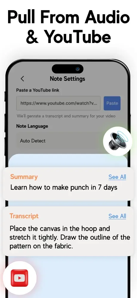 YouTube integration screen allowing users to paste video links for automatic transcript and summary generation