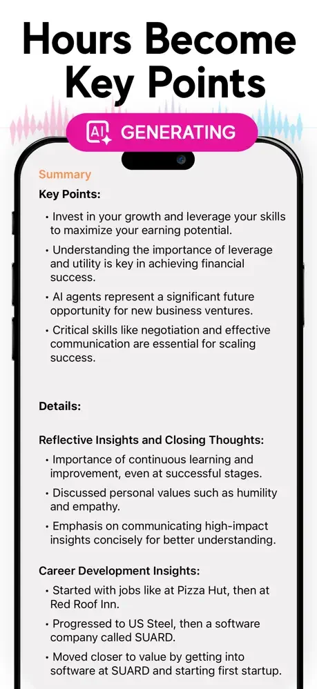 AI summary generation view displaying extracted key points and detailed insights from recorded lecture content