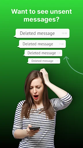See Deleted Messages app introduction with deleted message bubbles and excited woman demonstrating unsent message recovery feature