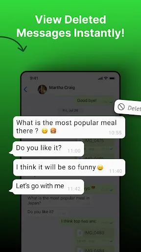 Deleted messages recovered in chat interface showing conversation history with unsent messages from contact Martha Craig