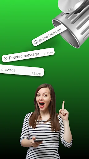 Megaphone illustration announcing deleted message recovery feature with woman surprised by discovered unsent messages