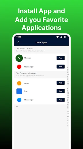 App installation interface showing favorite messaging applications list with Message, Messenger, Email, Duo and Add options