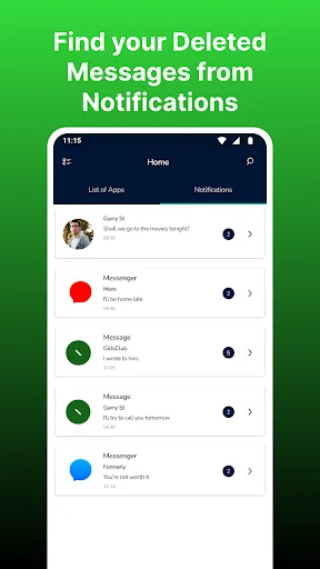 Notifications dashboard displaying recovered deleted messages from various messaging apps with individual message toggles