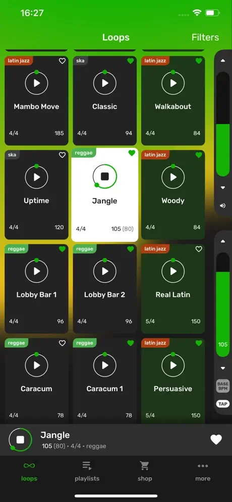 Browse drum loops library with reggae and jazz beats, showing BPM, time signatures, and playback controls