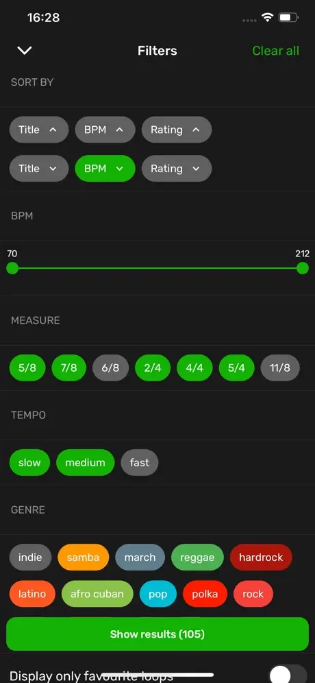 Filter drum loops by BPM range, tempo, measure, genre including reggae, samba, and latin jazz options