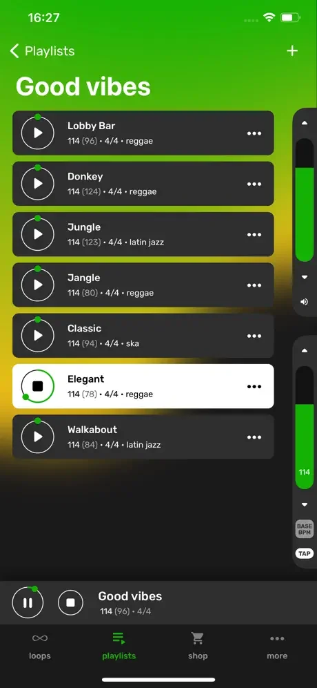 Good vibes playlist with 7 reggae and jazz drum loops, ratings, BPM, and time signatures displayed