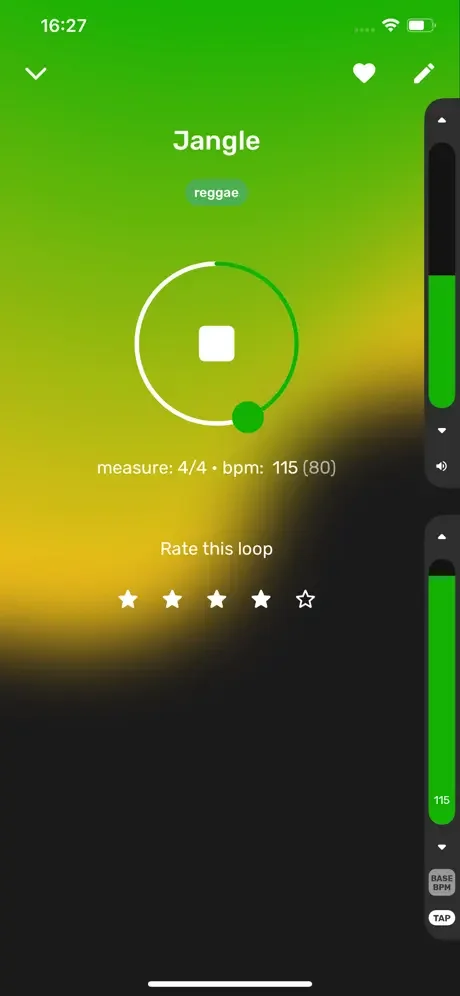 Jangle reggae drum loop player with 115 BPM, 4/4 measure, 5-star rating system, and tap tempo control