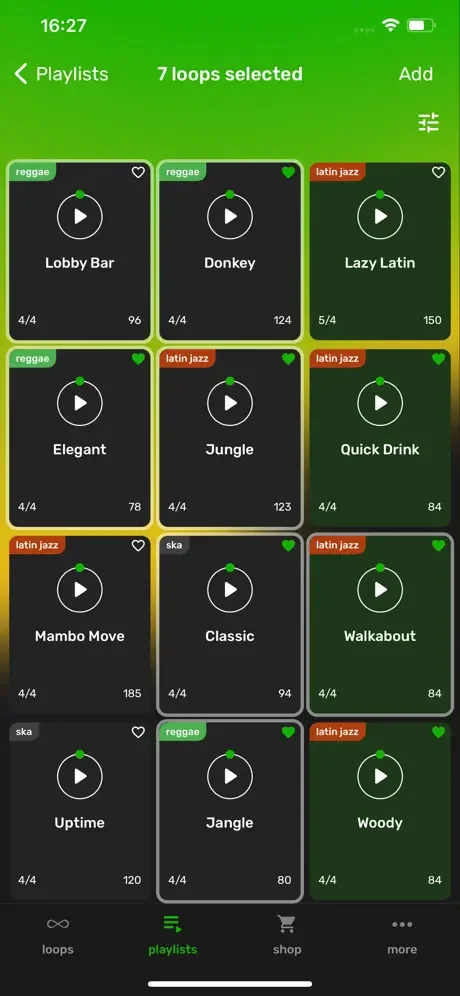 Selected 7 reggae and jazz drum loops compilation with playback, BPM, genres, and green highlight borders