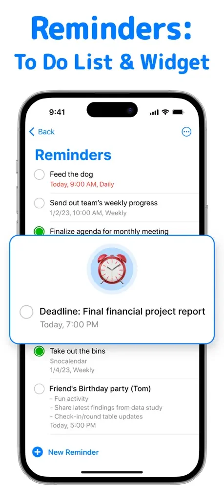 Reminders to-do list with daily and weekly recurring tasks, completion checkmarks, and time-scheduled reminders