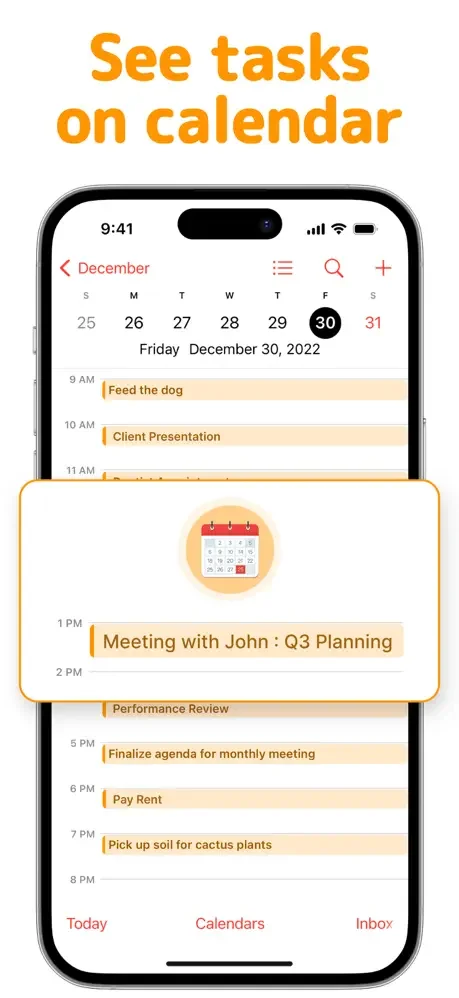 Calendar view integrating reminders and tasks scheduled by time throughout the day