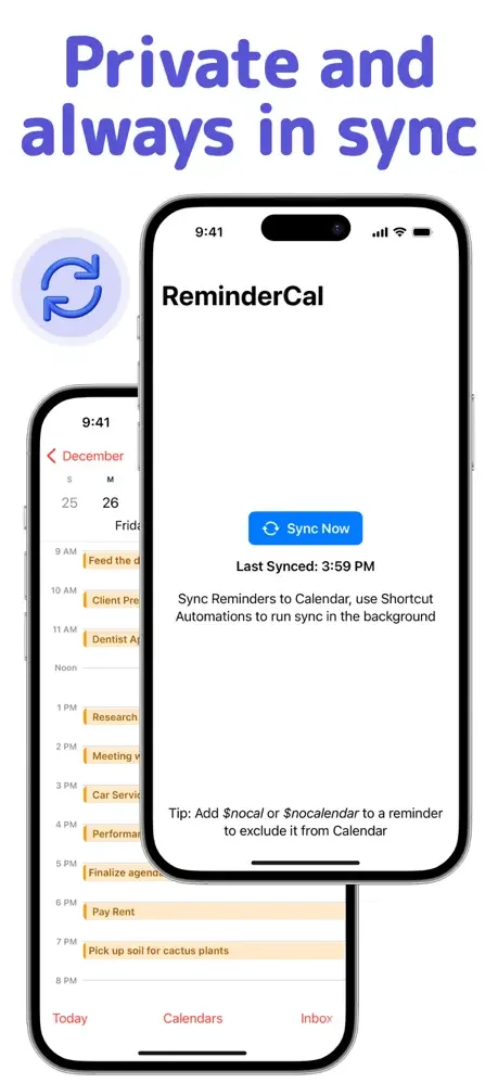 ReminderCal sync settings showing last sync time and automatic background calendar synchronization
