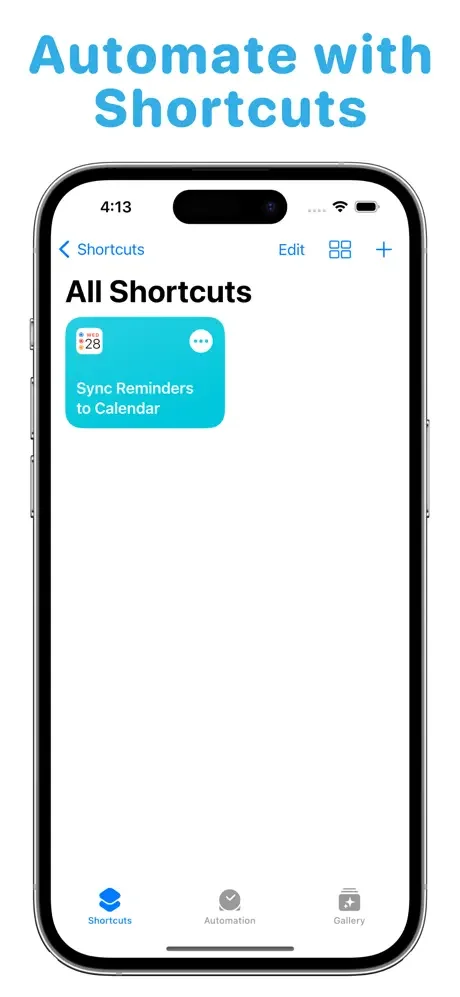 Shortcuts app displaying automation to sync reminders with calendar using background automation