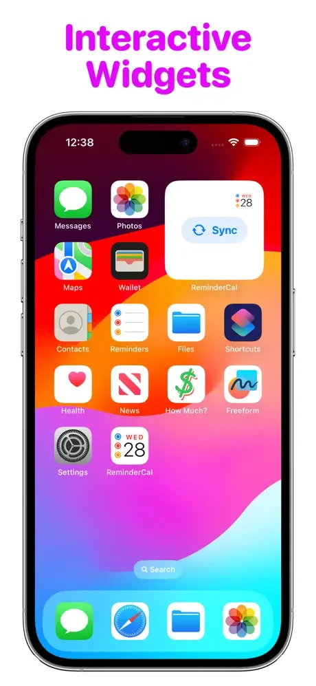 Interactive ReminderCal widget on iOS home screen with sync button and calendar date display