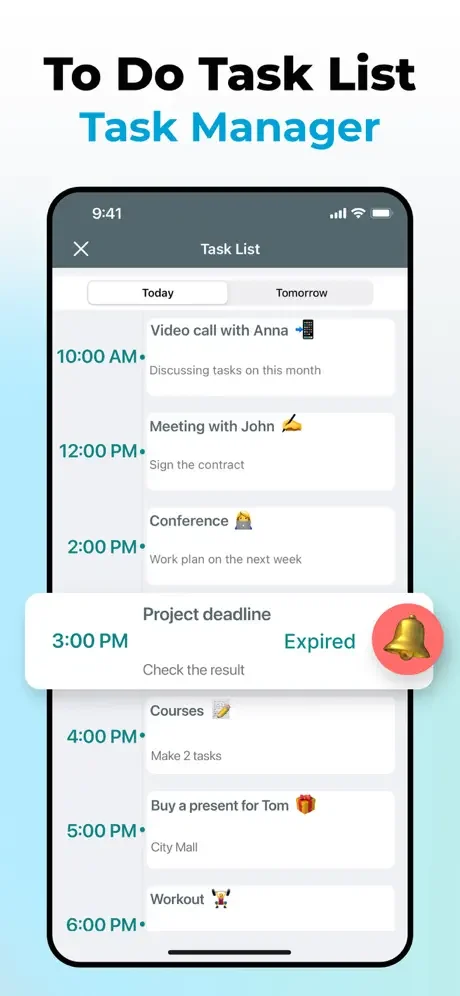 Daily task list showing scheduled reminders with times, descriptions, and expired deadline alerts for meetings and activities