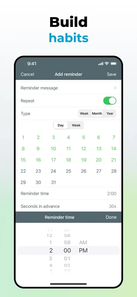 Add reminder form with calendar date picker, repeat toggle, time settings for 2:00 PM, and advance notification configuration