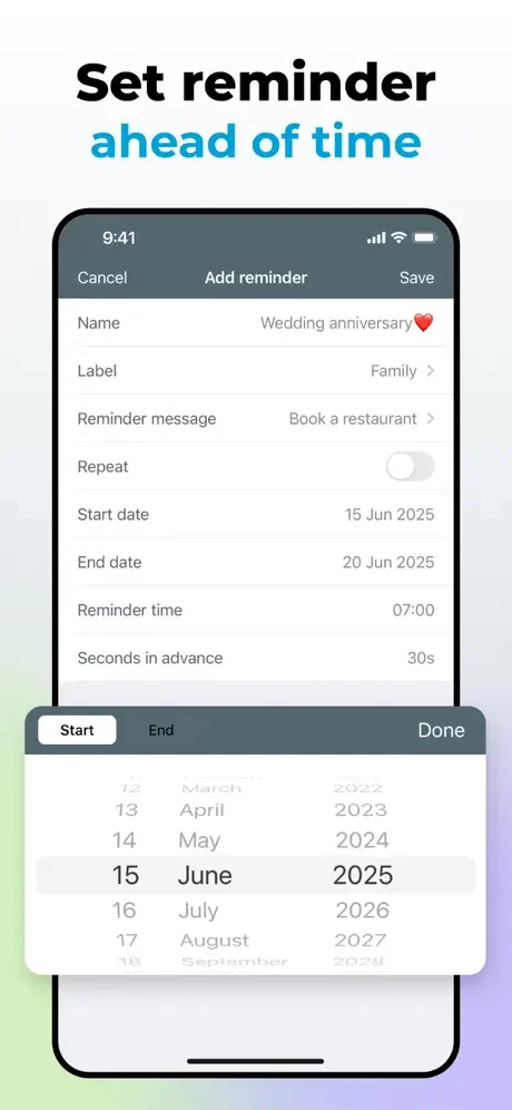 Create event reminder with custom name, labels, date range selection from June 2025, specific time, and calendar date picker