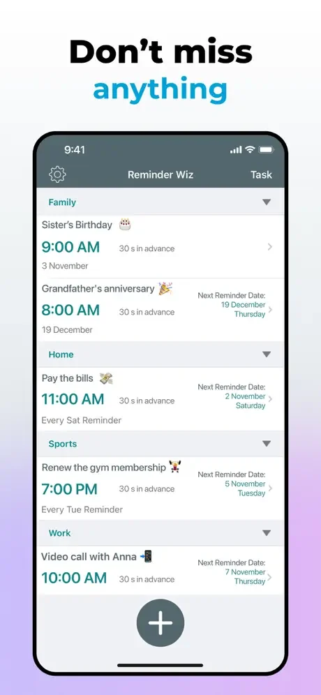 Reminder organizer showing multiple reminders grouped by Family, Home, Sports, Work categories with scheduled times and dates