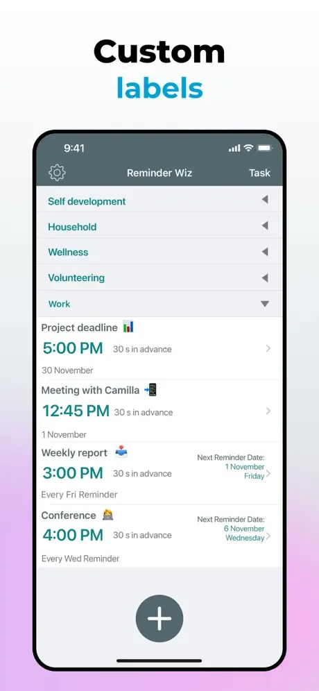 Custom task labels organizing reminders by Self development, Household, Wellness, Volunteering, Work with expandable sections