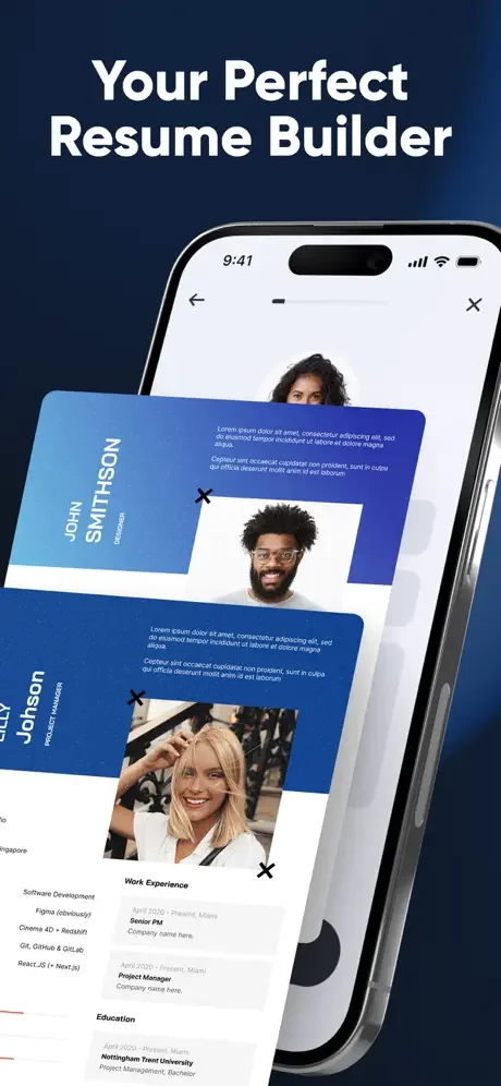 Resume builder templates displayed on mobile app showing sample profiles, work experience and education sections