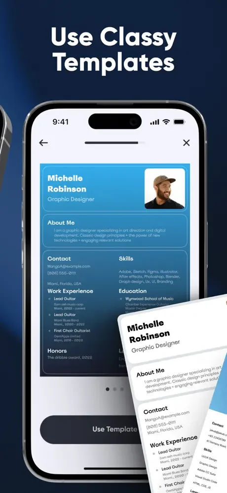 Professional resume template displaying contact, skills, work experience and education for graphic designer