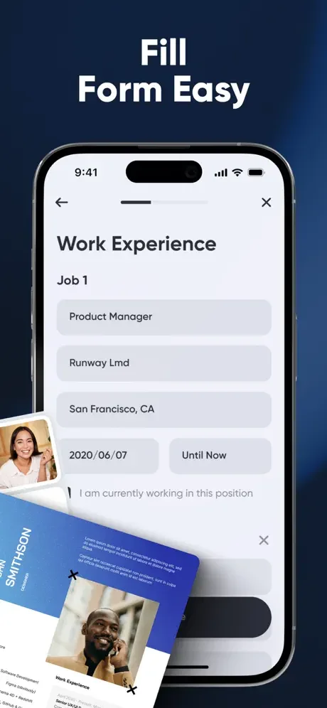Work experience form in resume builder with fields for job title, company, location and employment dates