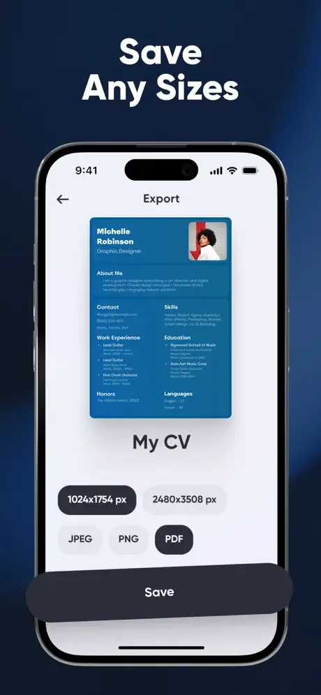 Resume export screen showing multiple file formats and resolution options to save as PDF, JPEG or PNG