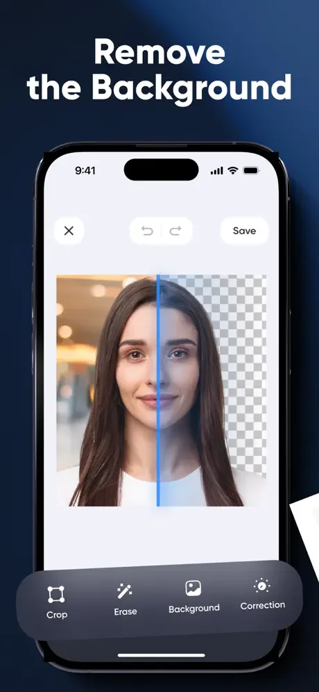 Photo editor with background removal tool showing before and after preview with crop, erase and correction options