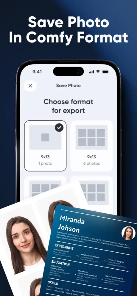Photo format export dialog showing multiple grid layout options to save profile photos for resume template