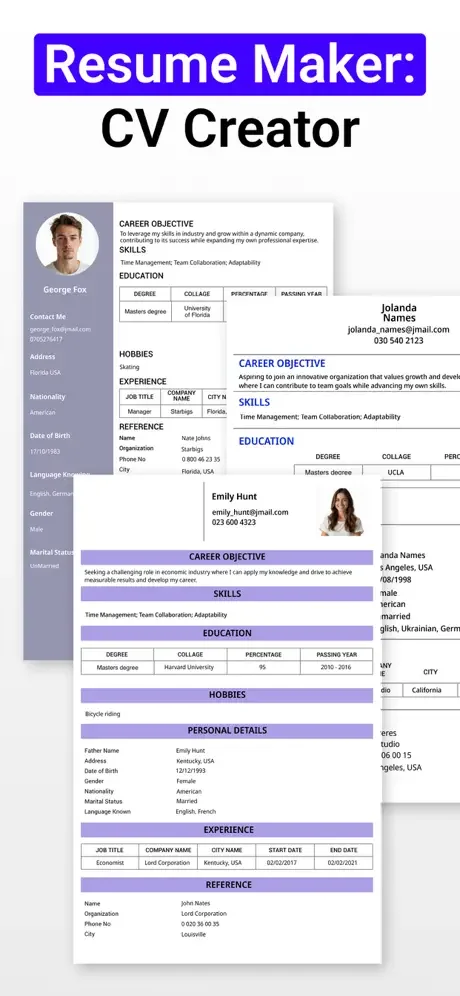 Multiple professional resume templates with career objective, skills, education sections in Resume Maker CV Creator app