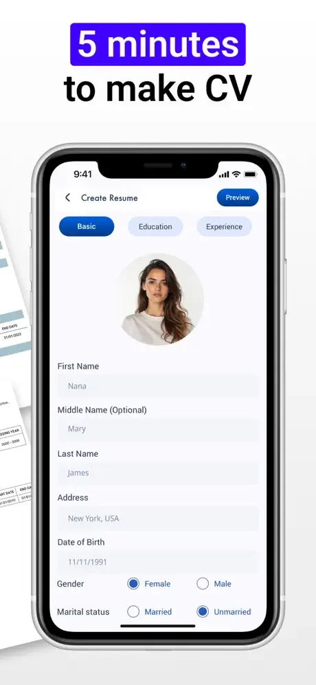 Resume Maker basic information form with name, address, date of birth fields to create CV in 5 minutes