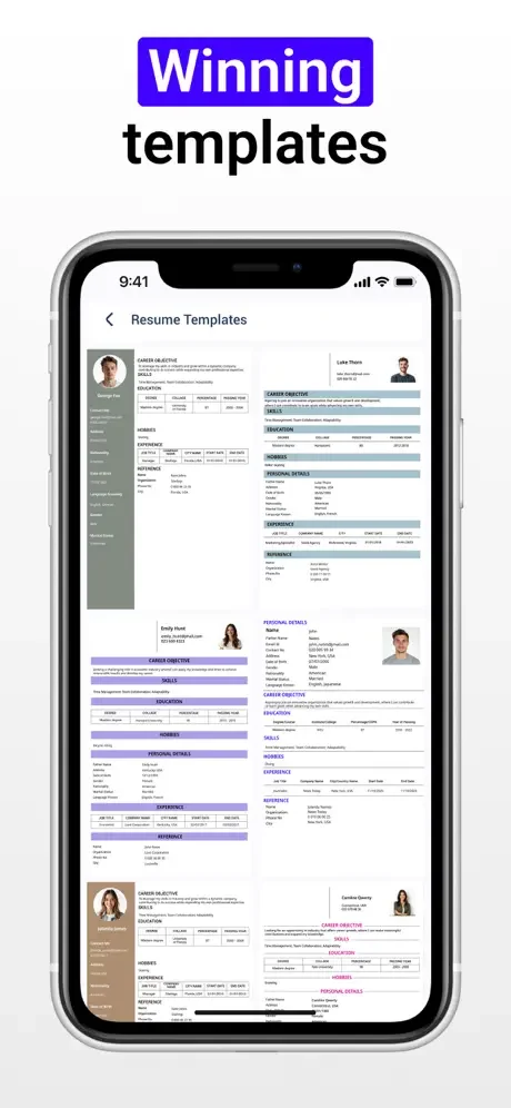 Collection of professional resume template designs showing multiple winning CV layouts in Resume Maker app