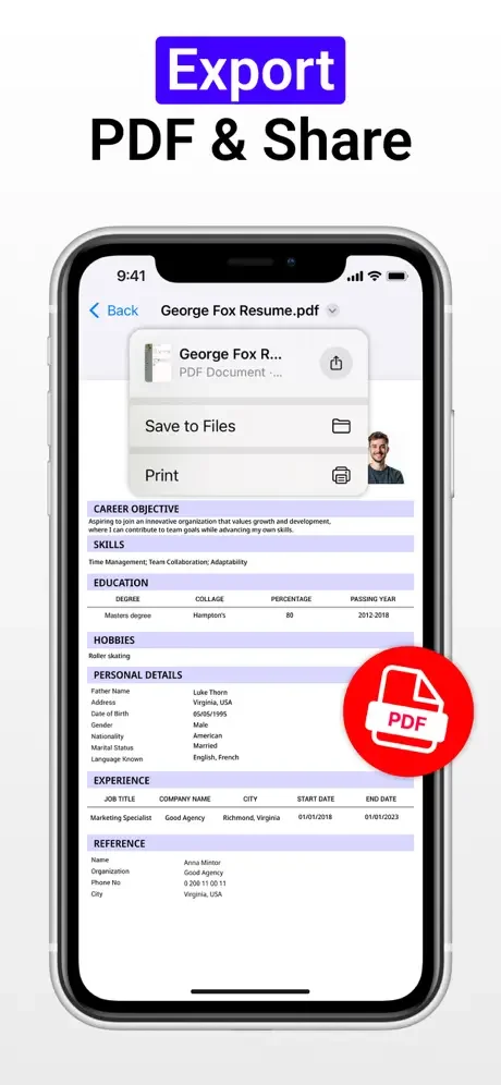 Export resume as PDF in Resume Maker with options to save files or print professional CV documents