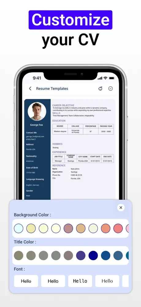Customize resume design options including background color, title color, and font selection in CV Creator