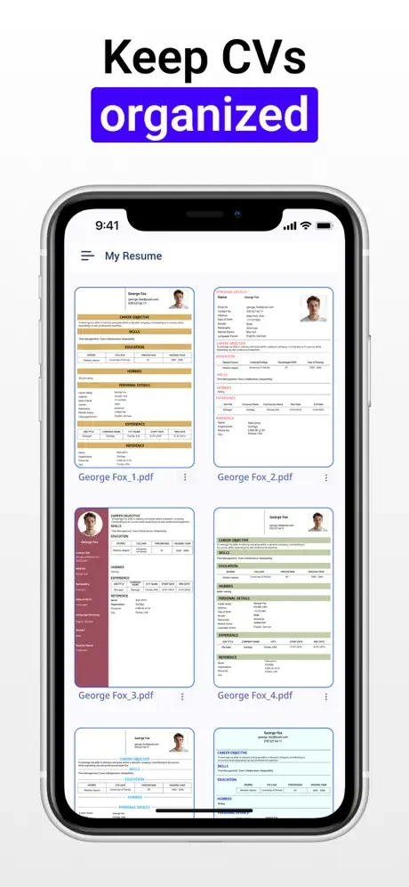 My Resume library displaying multiple saved resume versions and CV documents in PDF format for organization