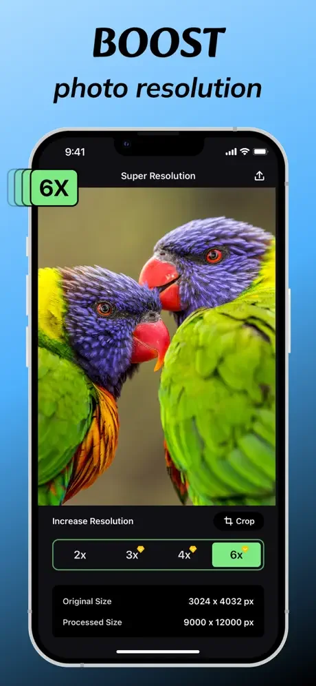 AI upscaler with 6X resolution boost showing before/after comparison and multiple scaling options for photo enlargement.