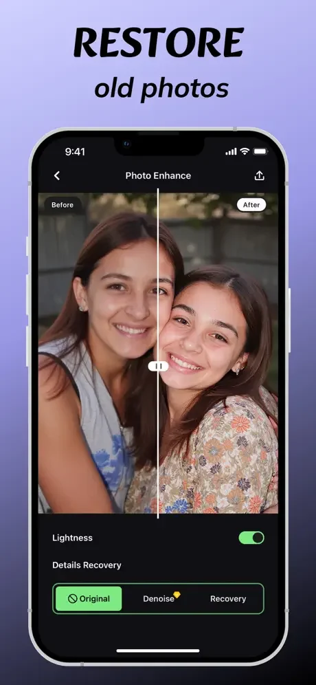 Photo restoration with details recovery, lightness adjustment, and denoising options for enhancing old faded photographs.