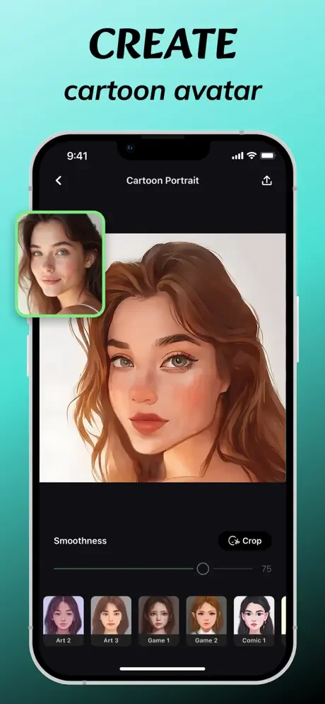 Cartoon portrait AI generator creating animated avatars from photos with smoothness adjustment and multiple art styles.