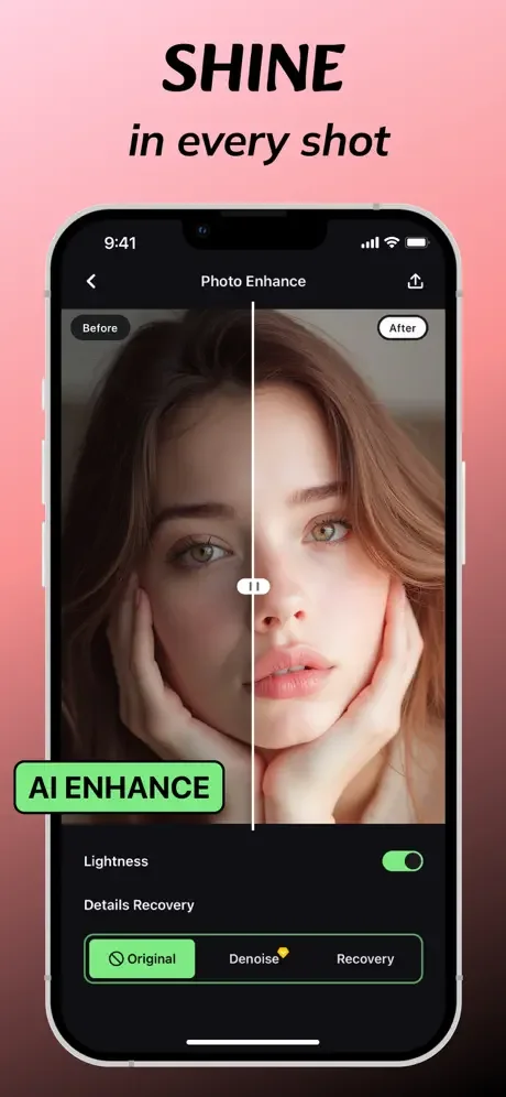 Photo enhancement with AI lighting improvement, details recovery, and denoising to brighten and enhance facial photos.