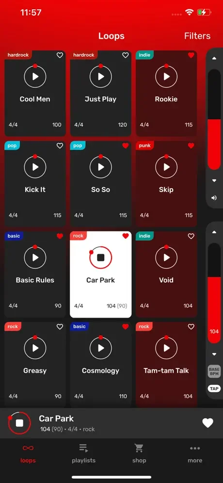 Drum Loops library displaying rock beats grid with genres, play buttons, BPM, and time signatures for browsing