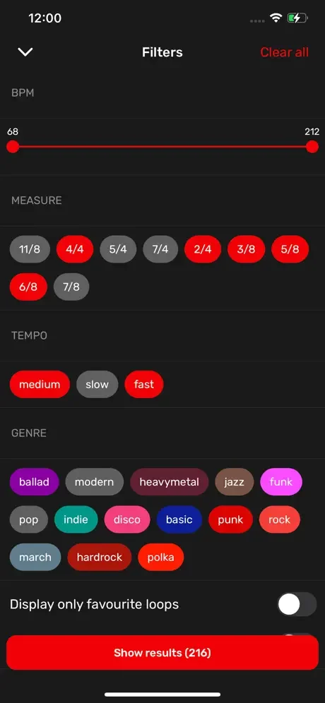 Filter options for drum loops including BPM range, time signatures, tempo speeds, and music genres
