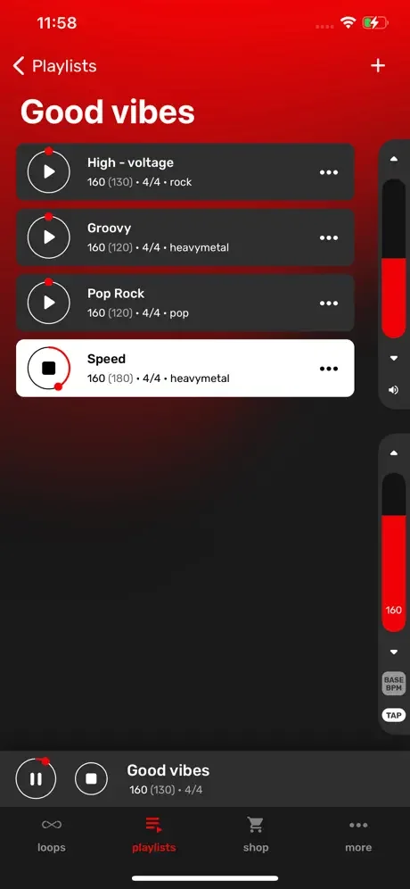 Good vibes playlist displaying selected drum loop tracks with play controls and track metadata