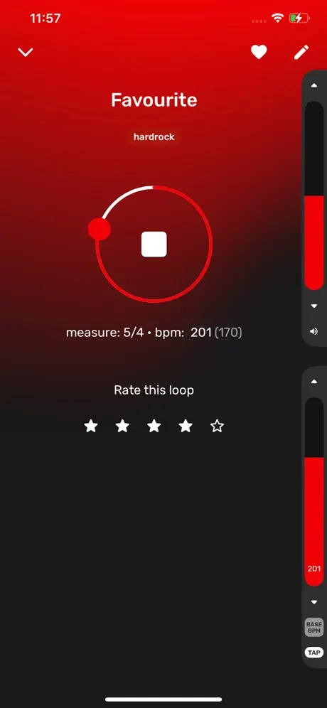 Drum loop player showing hardrock beat details with timing, BPM, and interactive star rating system