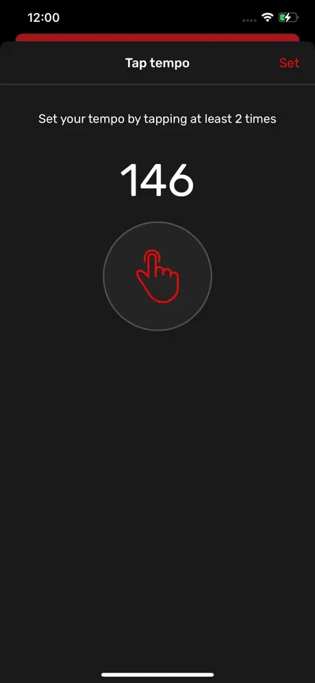 Tap tempo interface for setting custom BPM to 146 by tapping with finger on circular control