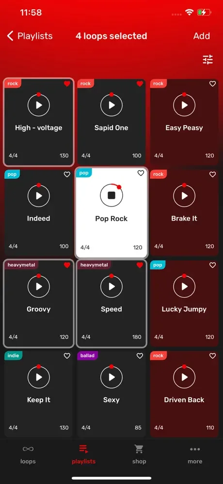 Multi-select drum loops interface showing 4 loops selected for creating and adding to playlists