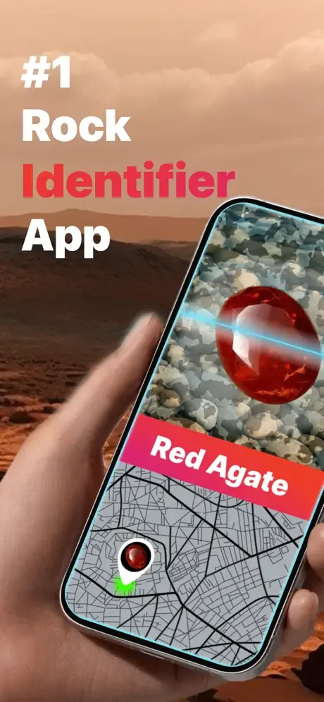 Rock Identifier app hero screen showcasing AI-powered Red Agate stone scanner with real-time identification and location mapping