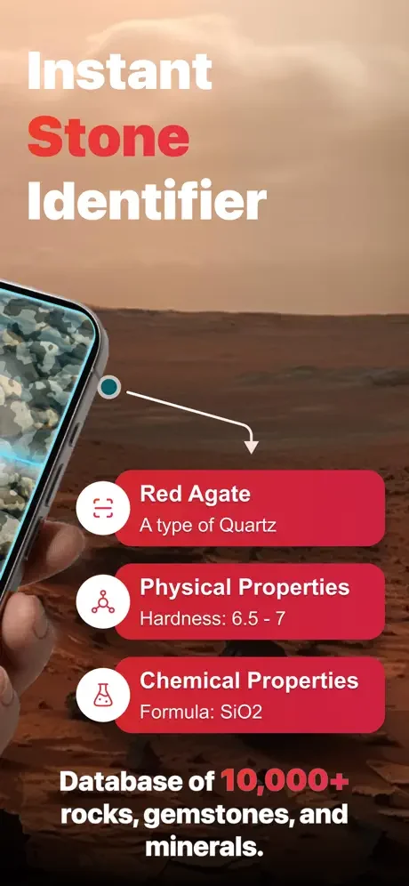 Instant Stone Identifier showing Red Agate mineral classification with physical properties, hardness rating, and chemical formula