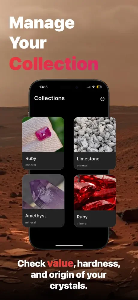 Collections management screen displaying saved mineral specimens including Ruby, Limestone, and Amethyst with value and hardness data