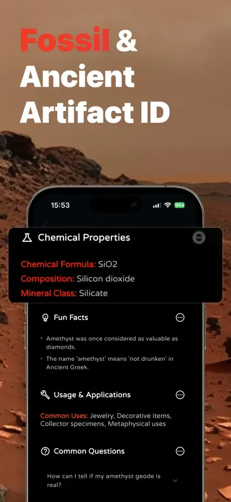 Fossil and Artifact identification detail page showing chemical properties, fun facts, usage applications, and expert Q&A sections