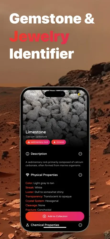 Gemstone Identifier displaying Limestone mineral properties including color, luster, crystal system, and add to collection button